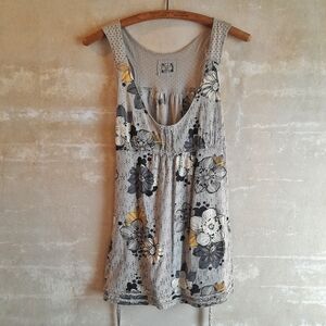 477a. gray vintage Decree floral sleeveless 2000s y2k cotton babydoll tank, M